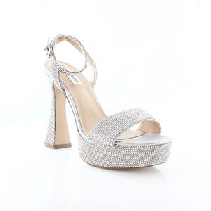 Silver Rhinestone Platform Ankle-Strap High Heel Sandals